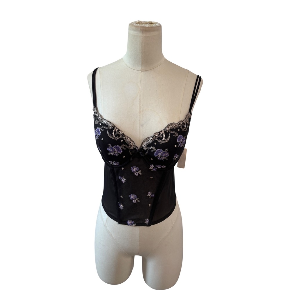 Delicates Black Purple Embroidered Mesh Corset Bustier Top Coquette Glam 36A